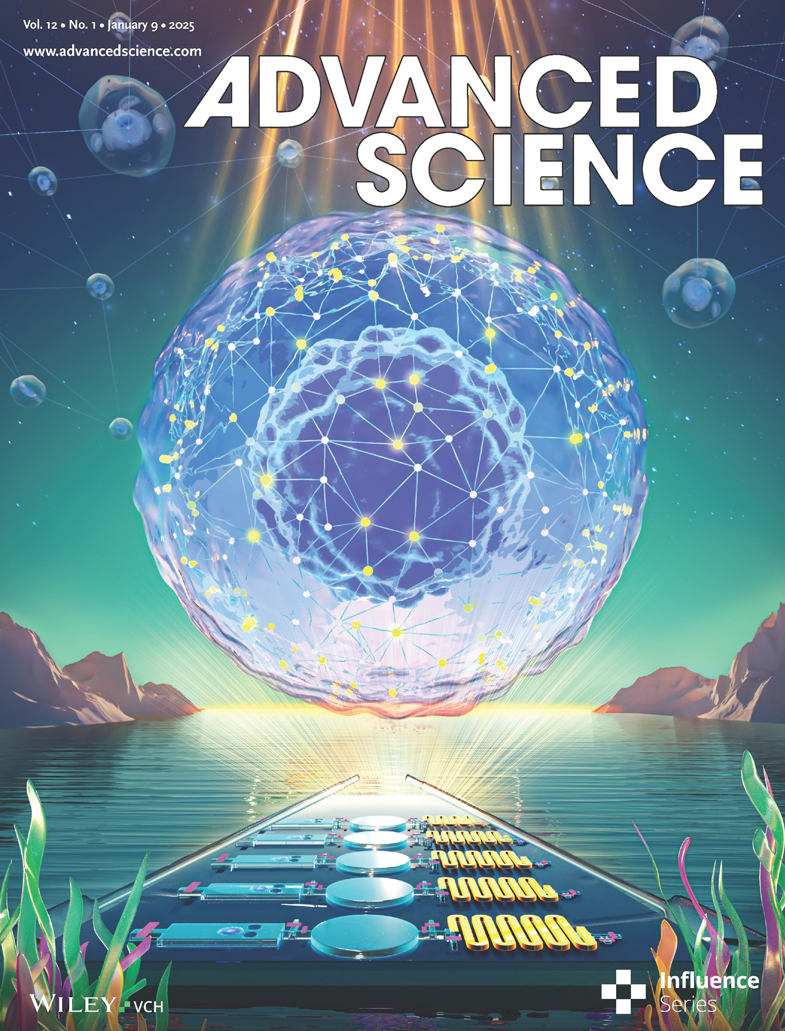A microfluidic chip portrayed as a miniature vessel navigating a molecular nebula and mapping single-cell phosphorylation networks